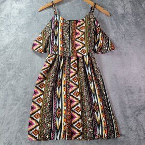 Rue21 Juniors Cold Shoulder Aztec‎ Print Dress M Multicolor Boho Festival Summer
